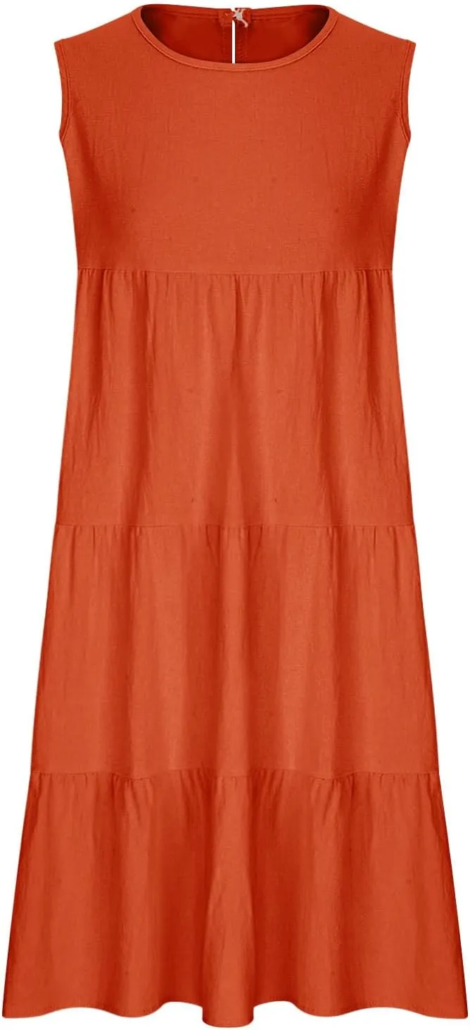 Summer Casual Dresses for Women 2024 Loose Fit Lightweight Pleated Linen Sundresses Plus Size Going Out Beach Dresses