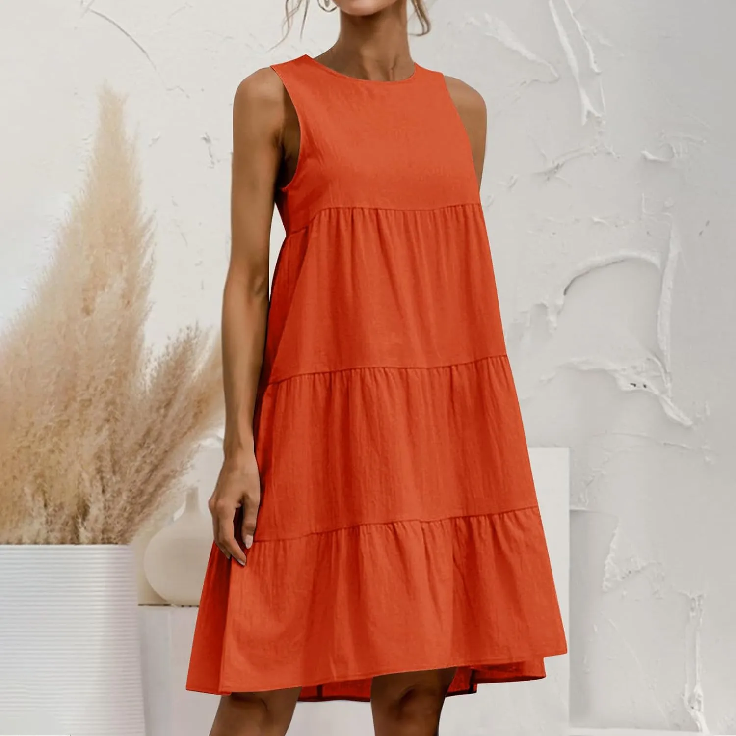 Summer Casual Dresses for Women 2024 Loose Fit Lightweight Pleated Linen Sundresses Plus Size Going Out Beach Dresses