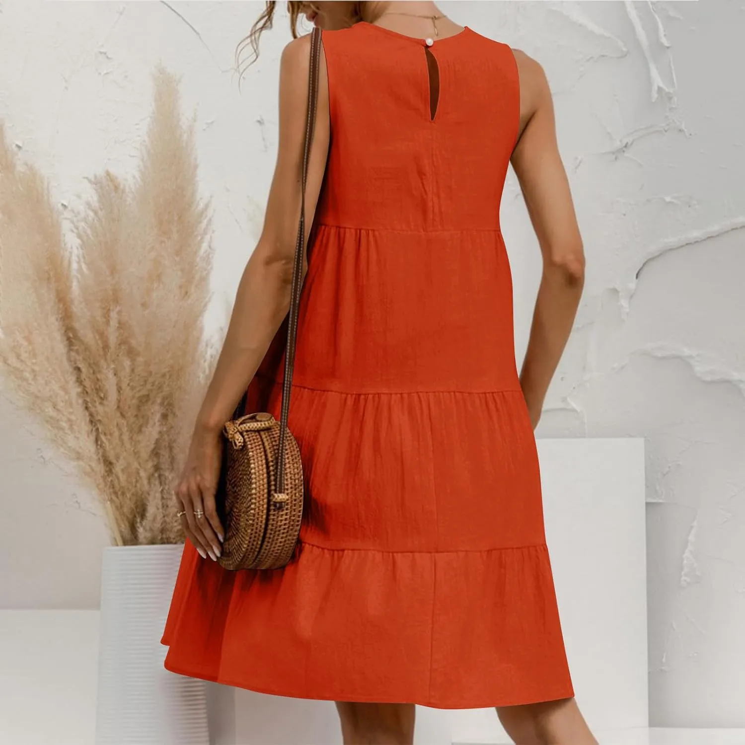 Summer Casual Dresses for Women 2024 Loose Fit Lightweight Pleated Linen Sundresses Plus Size Going Out Beach Dresses
