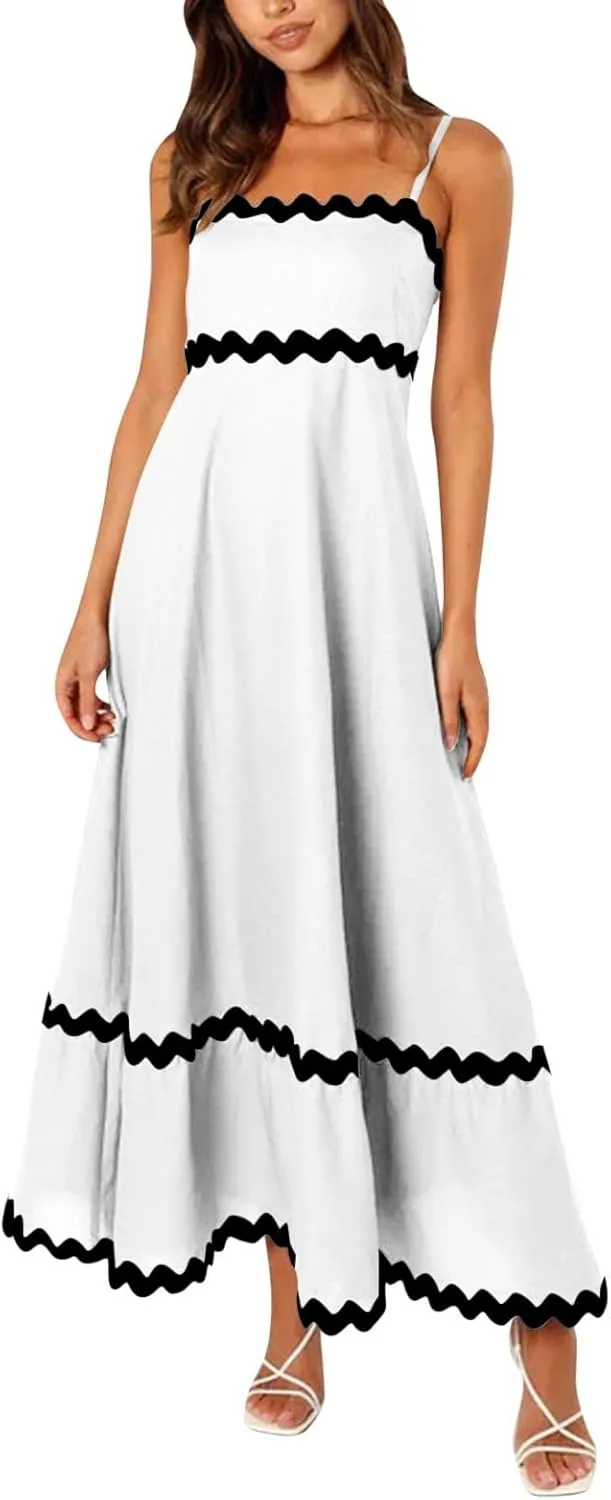 Summer Casual Dresses for Women 2024 Trendy Striped Sleeveless Spaghetti Strap A Line Sundress Elegant Flowy Long Maxi Dress