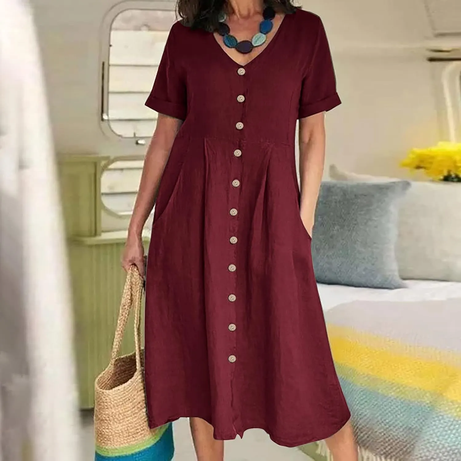 Summer Cotton Linen Shirt Dress Women Button Down V Neck Short Sleeve A-Line Dresses Casual Thin Flowy Midi Dress