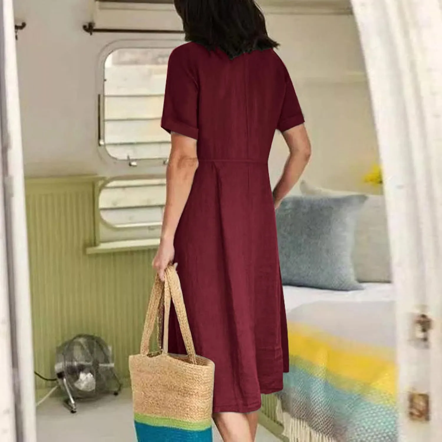 Summer Cotton Linen Shirt Dress Women Button Down V Neck Short Sleeve A-Line Dresses Casual Thin Flowy Midi Dress