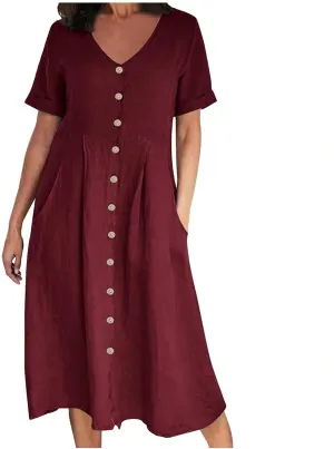 Summer Cotton Linen Shirt Dress Women Button Down V Neck Short Sleeve A-Line Dresses Casual Thin Flowy Midi Dress
