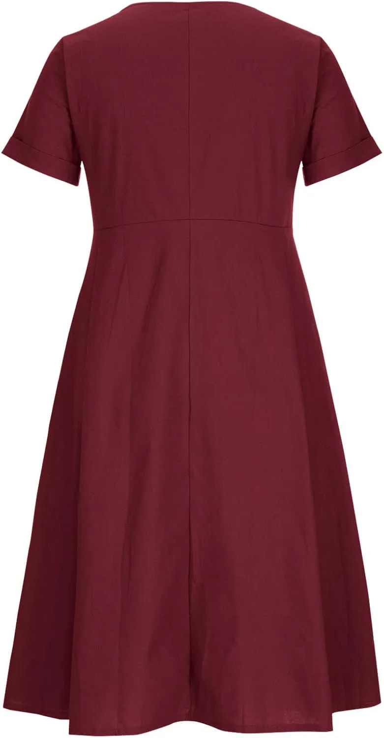 Summer Cotton Linen Shirt Dress Women Button Down V Neck Short Sleeve A-Line Dresses Casual Thin Flowy Midi Dress
