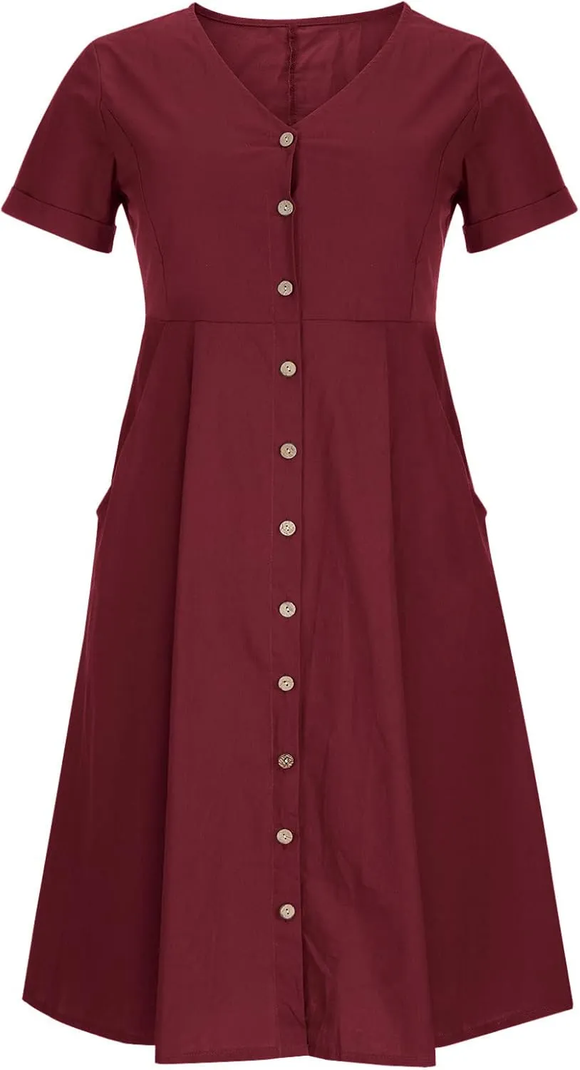 Summer Cotton Linen Shirt Dress Women Button Down V Neck Short Sleeve A-Line Dresses Casual Thin Flowy Midi Dress