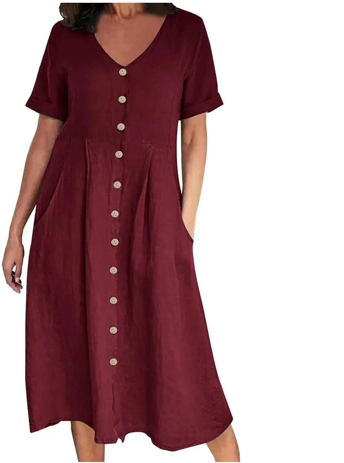 Summer Cotton Linen Shirt Dress Women Button Down V Neck Short Sleeve A-Line Dresses Casual Thin Flowy Midi Dress