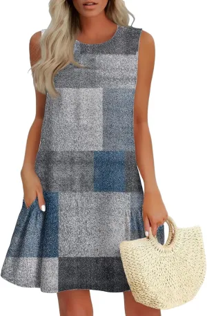 Summer Dresses 2025 Casual Crew Neck Vintage Floral Sleeveless Ruffle Hem A Line Beach Mini Tank Sundresses with Pockets
