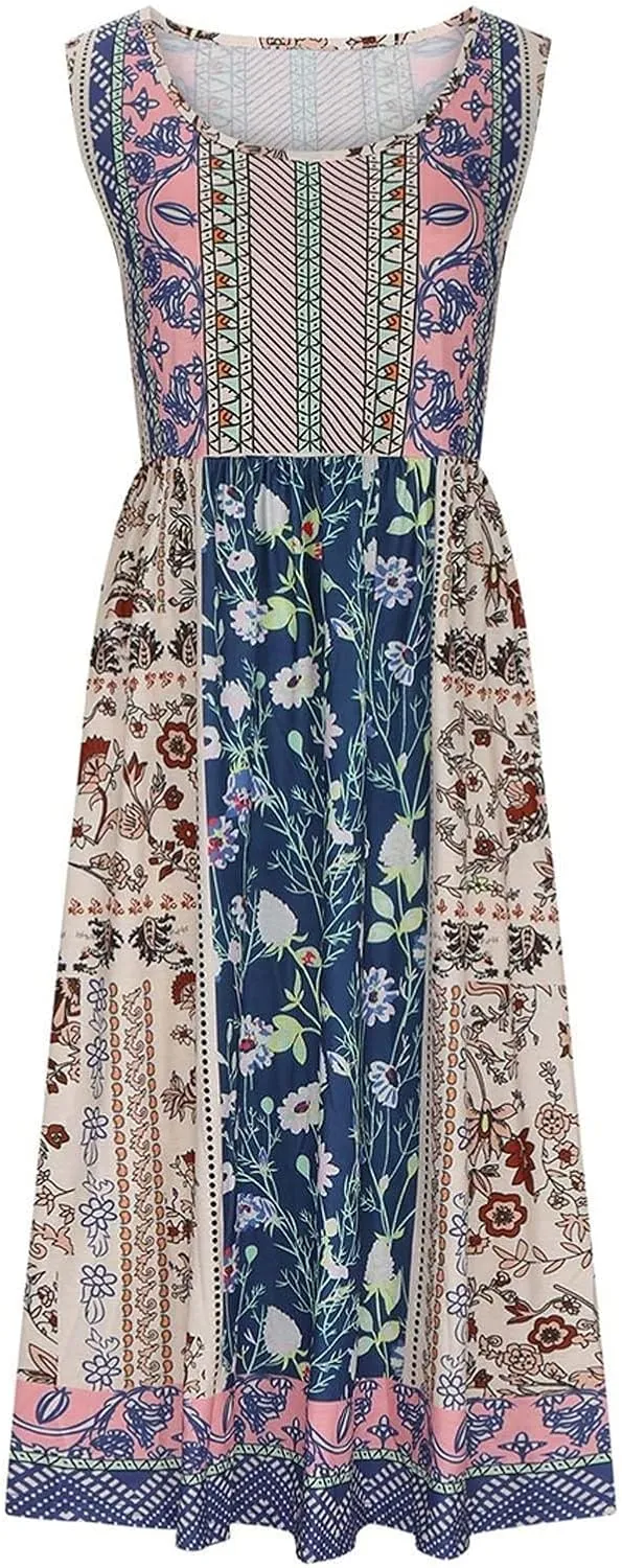 Summer Dresses for Women 2024 Casual Floral Boho Flowy Maxi Dress Loose Sleeveless Crewneck Beach Sundress Pockets