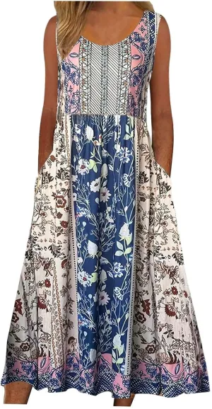 Summer Dresses for Women 2024 Casual Floral Boho Flowy Maxi Dress Loose Sleeveless Crewneck Beach Sundress Pockets