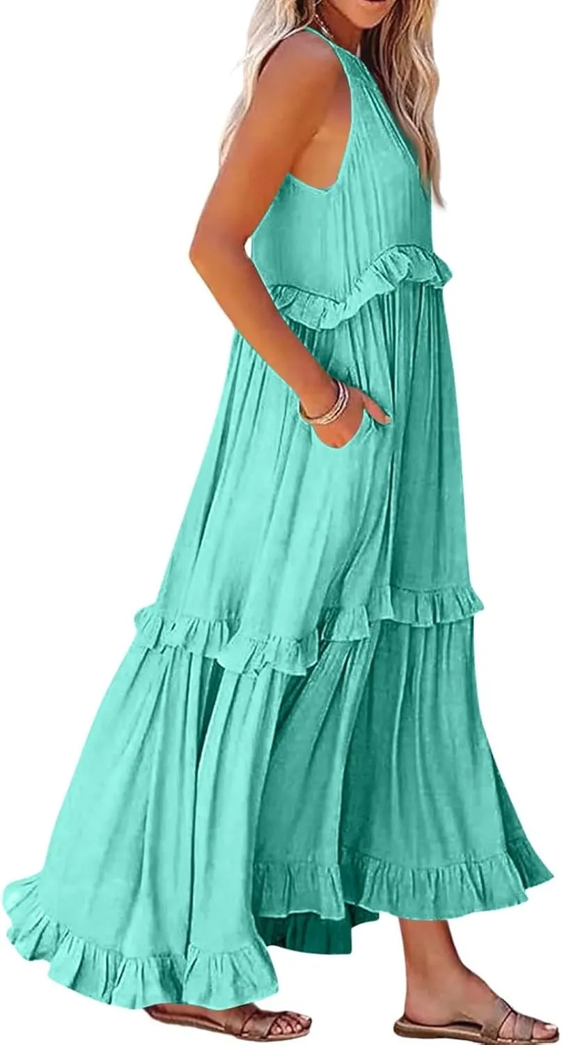 Summer Dresses for Women 2024 Halter Tie Back Ruffle Tiered Flowy Swing Dress Sleeveless Party Maxi Dress Sundress