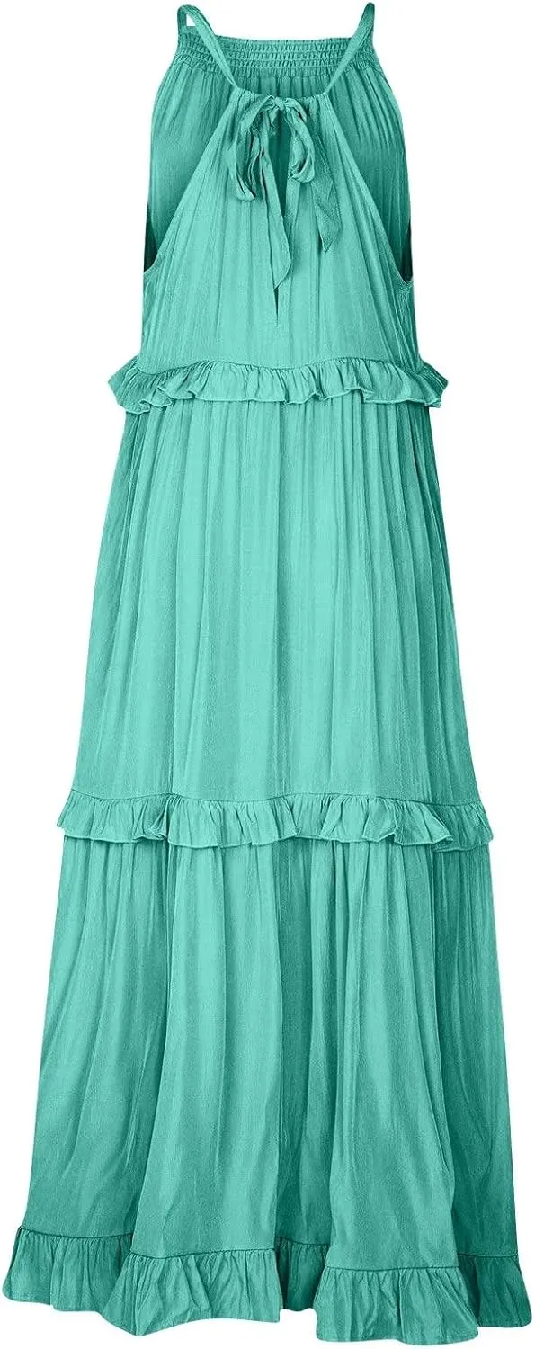 Summer Dresses for Women 2024 Halter Tie Back Ruffle Tiered Flowy Swing Dress Sleeveless Party Maxi Dress Sundress