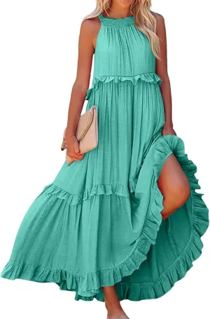 Summer Dresses for Women 2024 Halter Tie Back Ruffle Tiered Flowy Swing Dress Sleeveless Party Maxi Dress Sundress