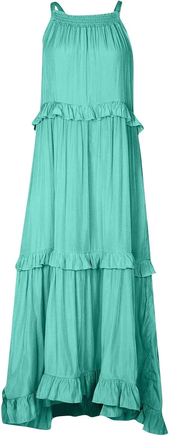 Summer Dresses for Women 2024 Halter Tie Back Ruffle Tiered Flowy Swing Dress Sleeveless Party Maxi Dress Sundress