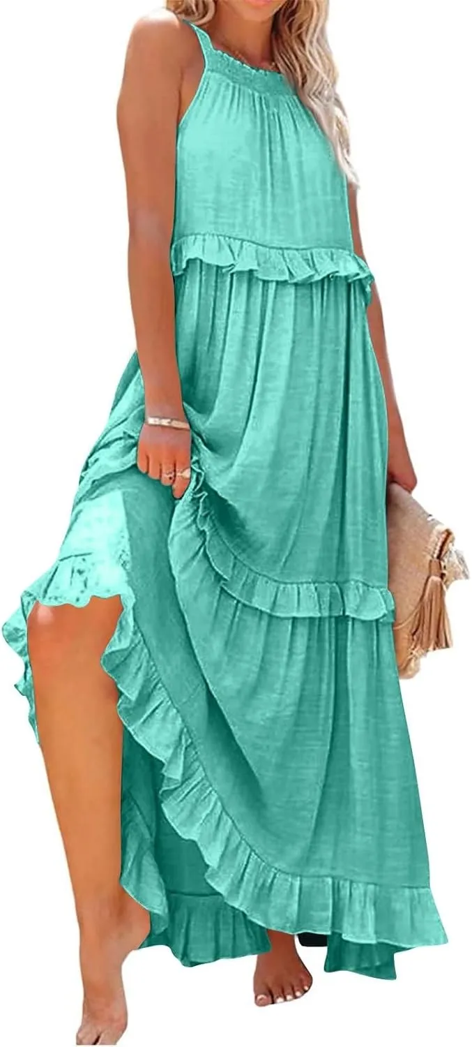 Summer Dresses for Women 2024 Halter Tie Back Ruffle Tiered Flowy Swing Dress Sleeveless Party Maxi Dress Sundress
