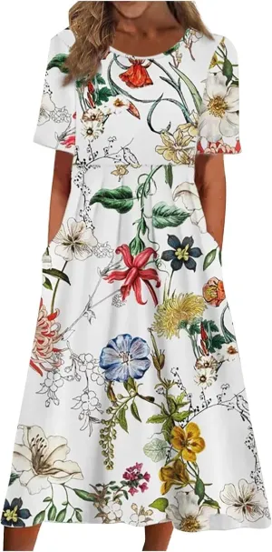 Summer Dresses for Women 2024 Womens Button Down Shirt Dress Short Puffy Sleeve Tiered Ruffle Flowy Long Maxi Dresses