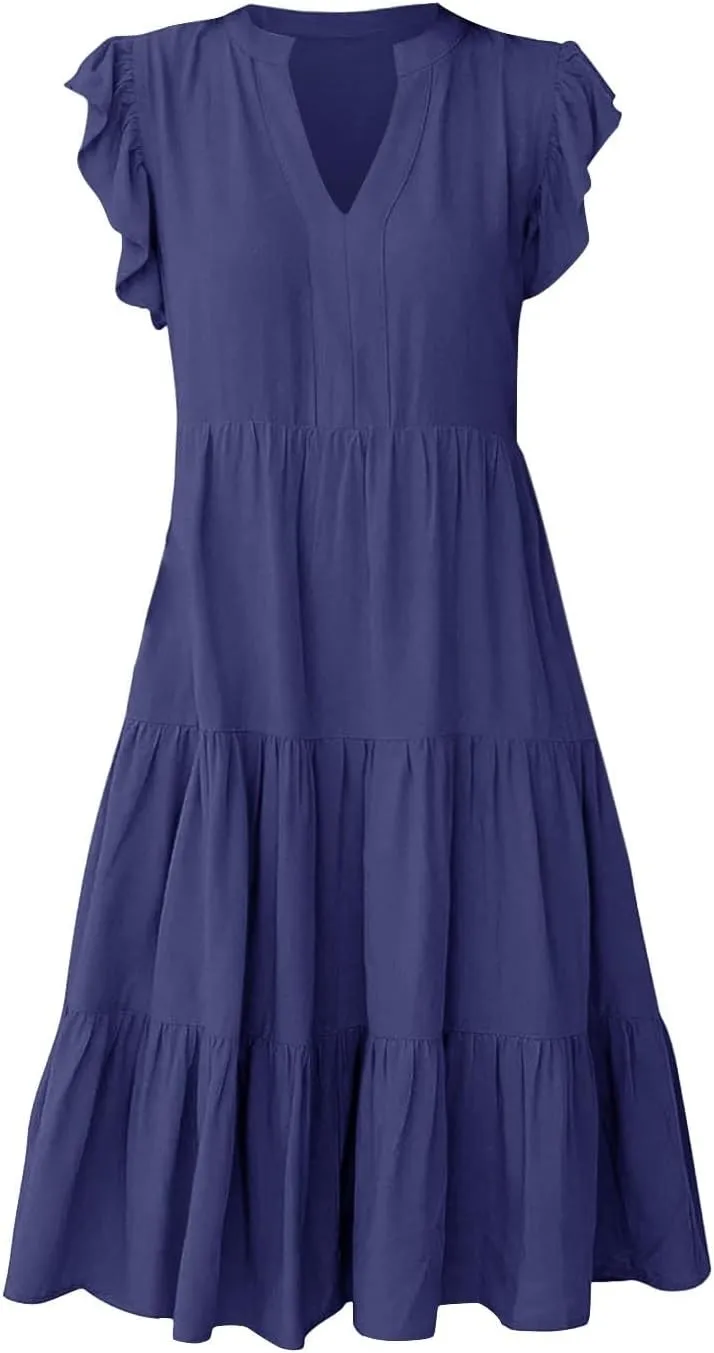 Summer Dresses for Women 2025 A-Line Ruffle Sleeve V-Neck Layered Midi Dress Flowy Casual Dresses