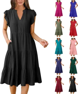 Summer Dresses for Women 2025 A-Line Ruffle Sleeve V-Neck Layered Midi Dress Flowy Casual Dresses