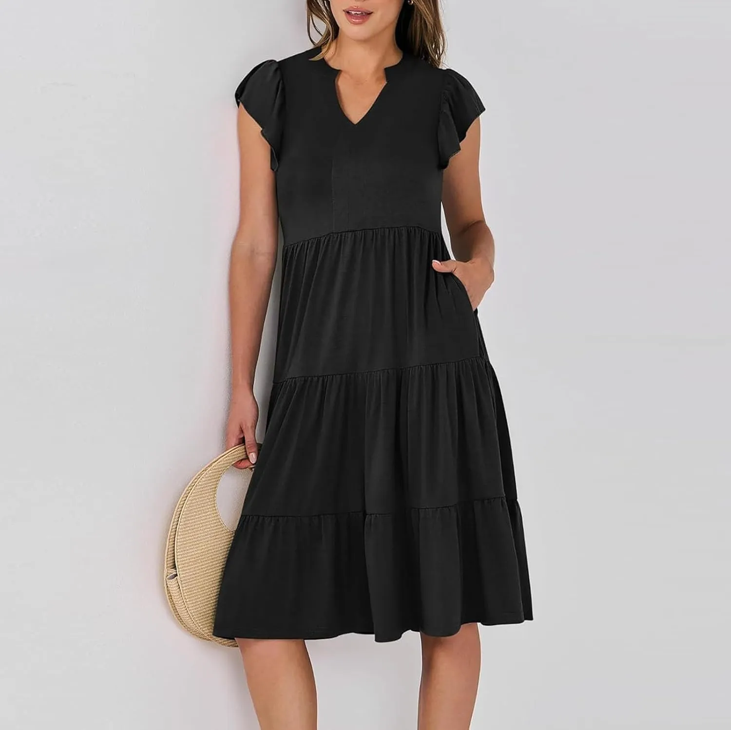 Summer Dresses for Women 2025 A-Line Ruffle Sleeve V-Neck Layered Midi Dress Flowy Casual Dresses