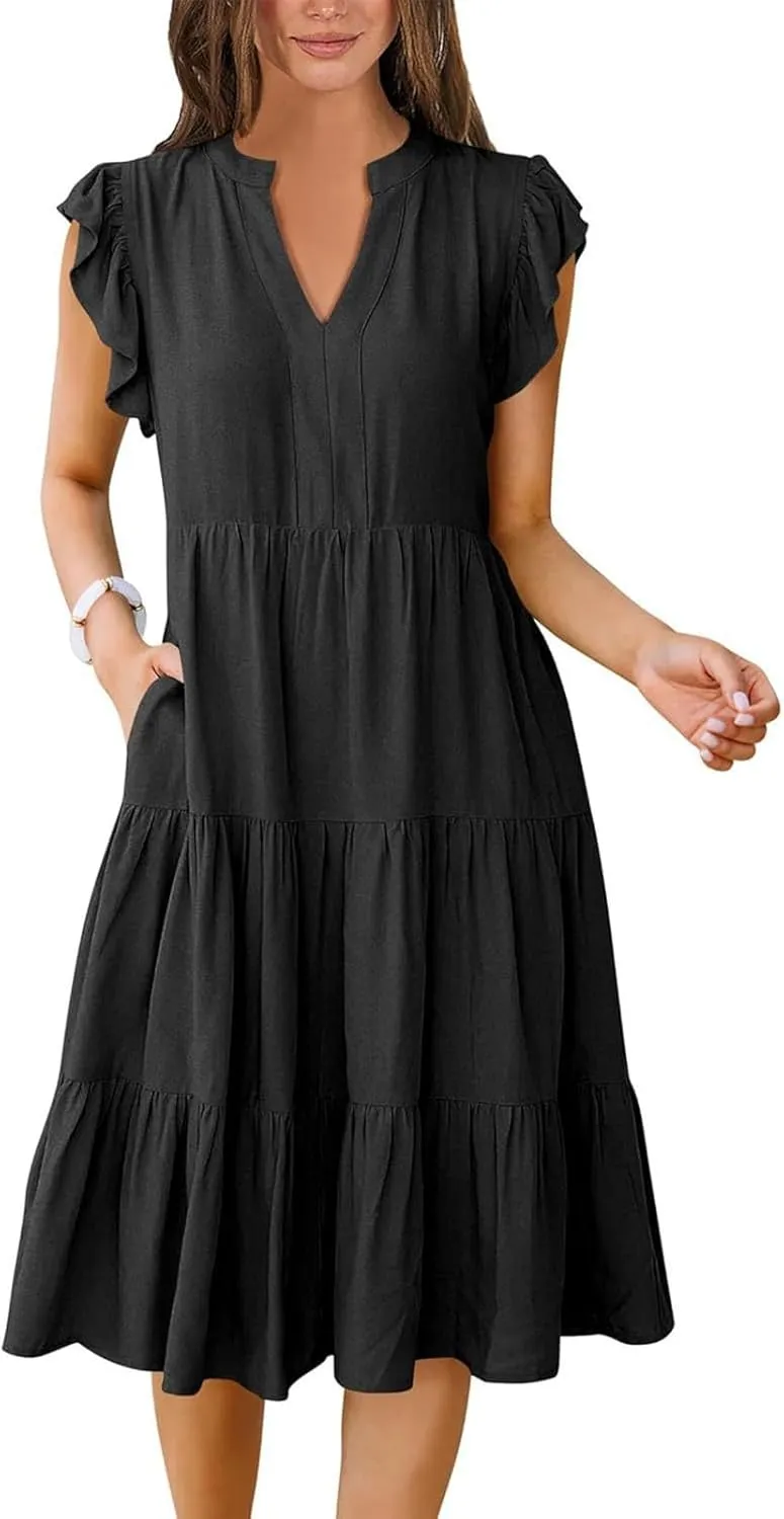 Summer Dresses for Women 2025 A-Line Ruffle Sleeve V-Neck Layered Midi Dress Flowy Casual Dresses