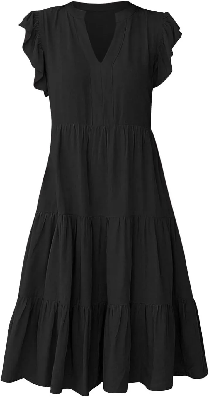 Summer Dresses for Women 2025 A-Line Ruffle Sleeve V-Neck Layered Midi Dress Flowy Casual Dresses