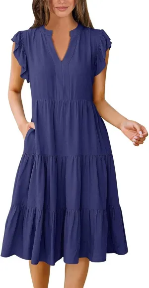 Summer Dresses for Women 2025 A-Line Ruffle Sleeve V-Neck Layered Midi Dress Flowy Casual Dresses