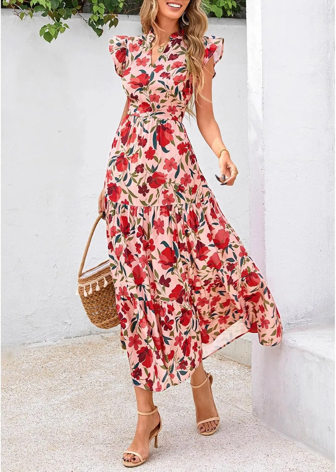 Summer Dresses for Women 2025 Cap Sleeve V Neck Ruffle Hem Swing Flowy Floral Maxi Dress Casual Beach Vacation Dresses