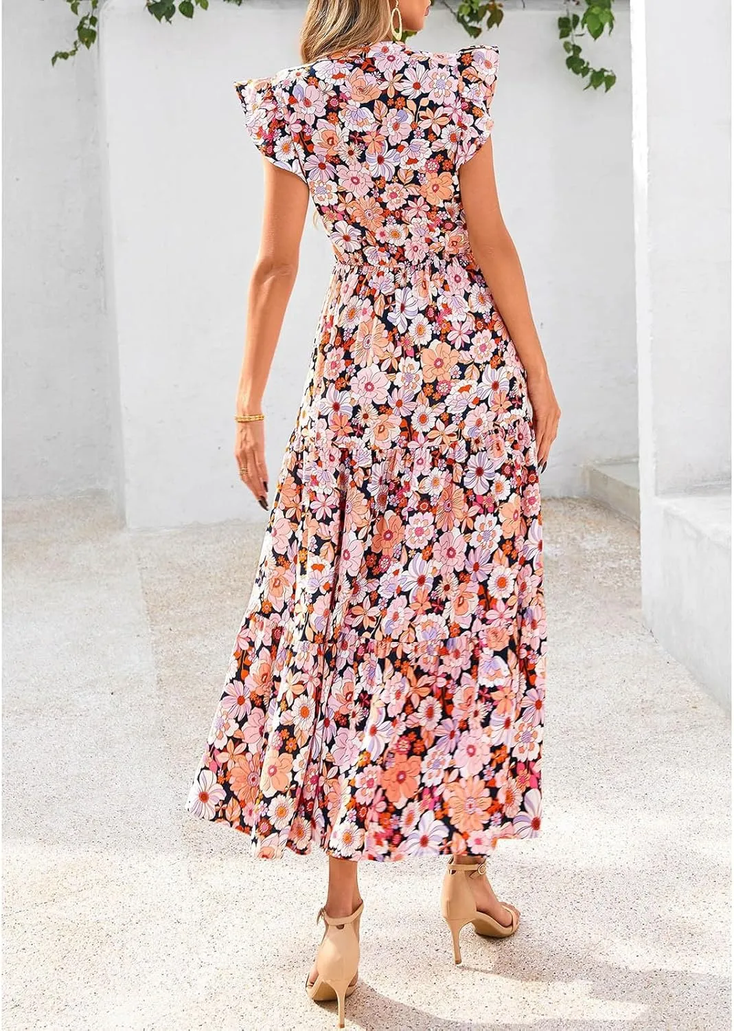 Summer Dresses for Women 2025 Cap Sleeve V Neck Ruffle Hem Swing Flowy Floral Maxi Dress Casual Beach Vacation Dresses