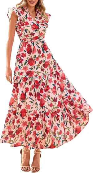 Summer Dresses for Women 2025 Cap Sleeve V Neck Ruffle Hem Swing Flowy Floral Maxi Dress Casual Beach Vacation Dresses