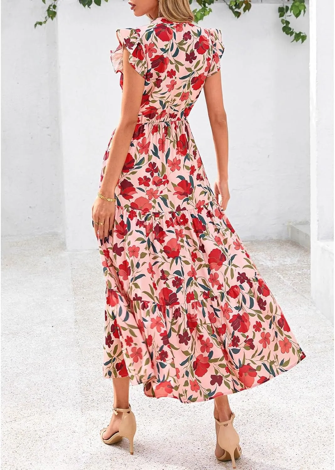 Summer Dresses for Women 2025 Cap Sleeve V Neck Ruffle Hem Swing Flowy Floral Maxi Dress Casual Beach Vacation Dresses