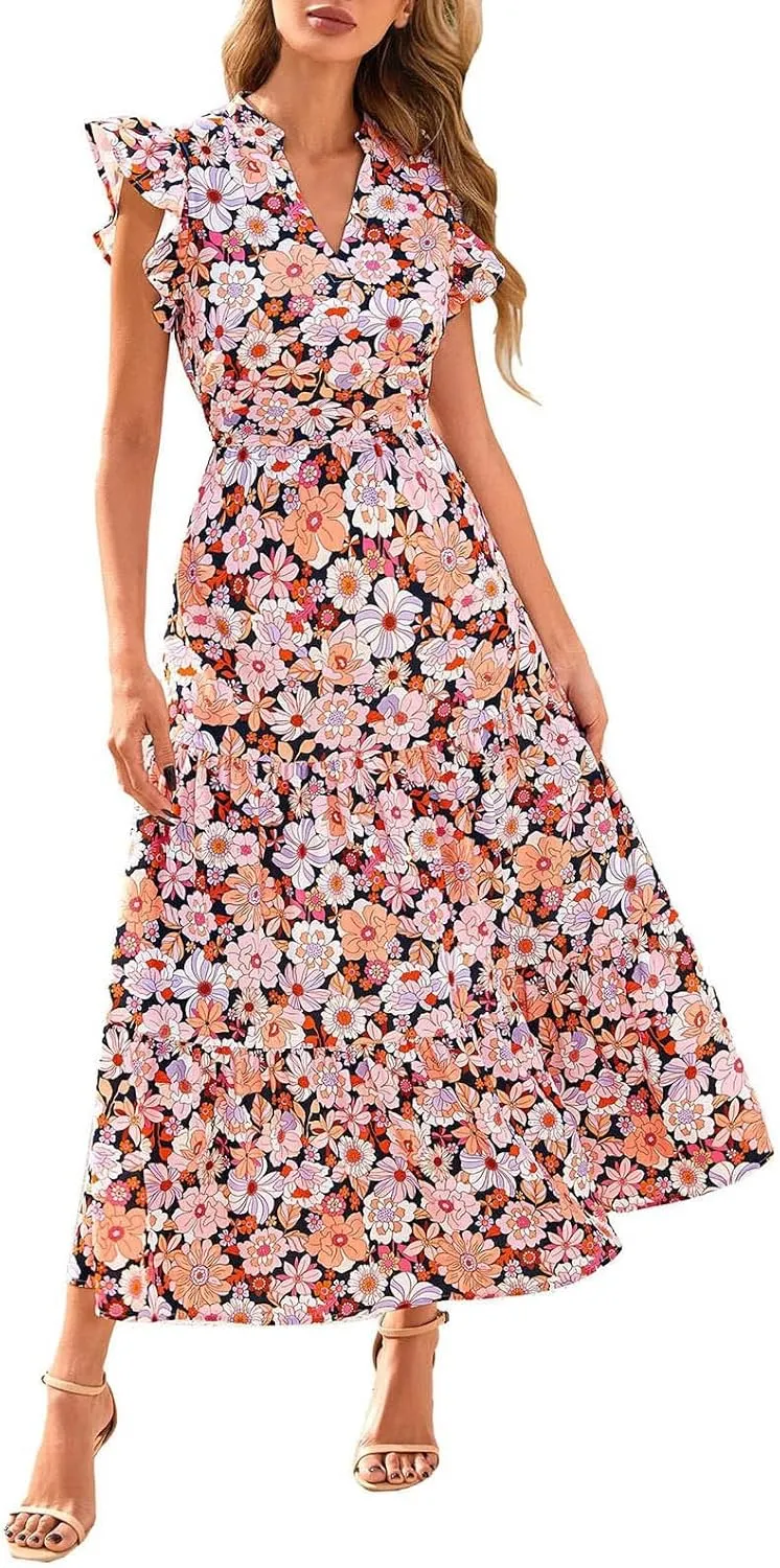 Summer Dresses for Women 2025 Cap Sleeve V Neck Ruffle Hem Swing Flowy Floral Maxi Dress Casual Beach Vacation Dresses