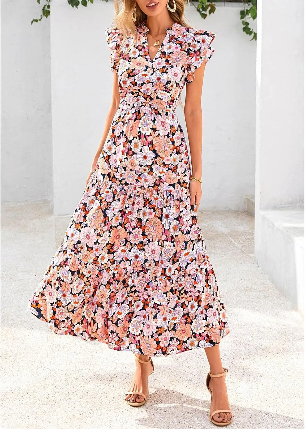 Summer Dresses for Women 2025 Cap Sleeve V Neck Ruffle Hem Swing Flowy Floral Maxi Dress Casual Beach Vacation Dresses