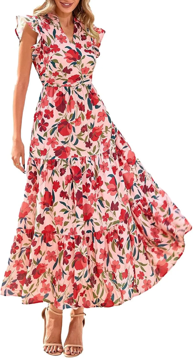 Summer Dresses for Women 2025 Cap Sleeve V Neck Ruffle Hem Swing Flowy Floral Maxi Dress Casual Beach Vacation Dresses