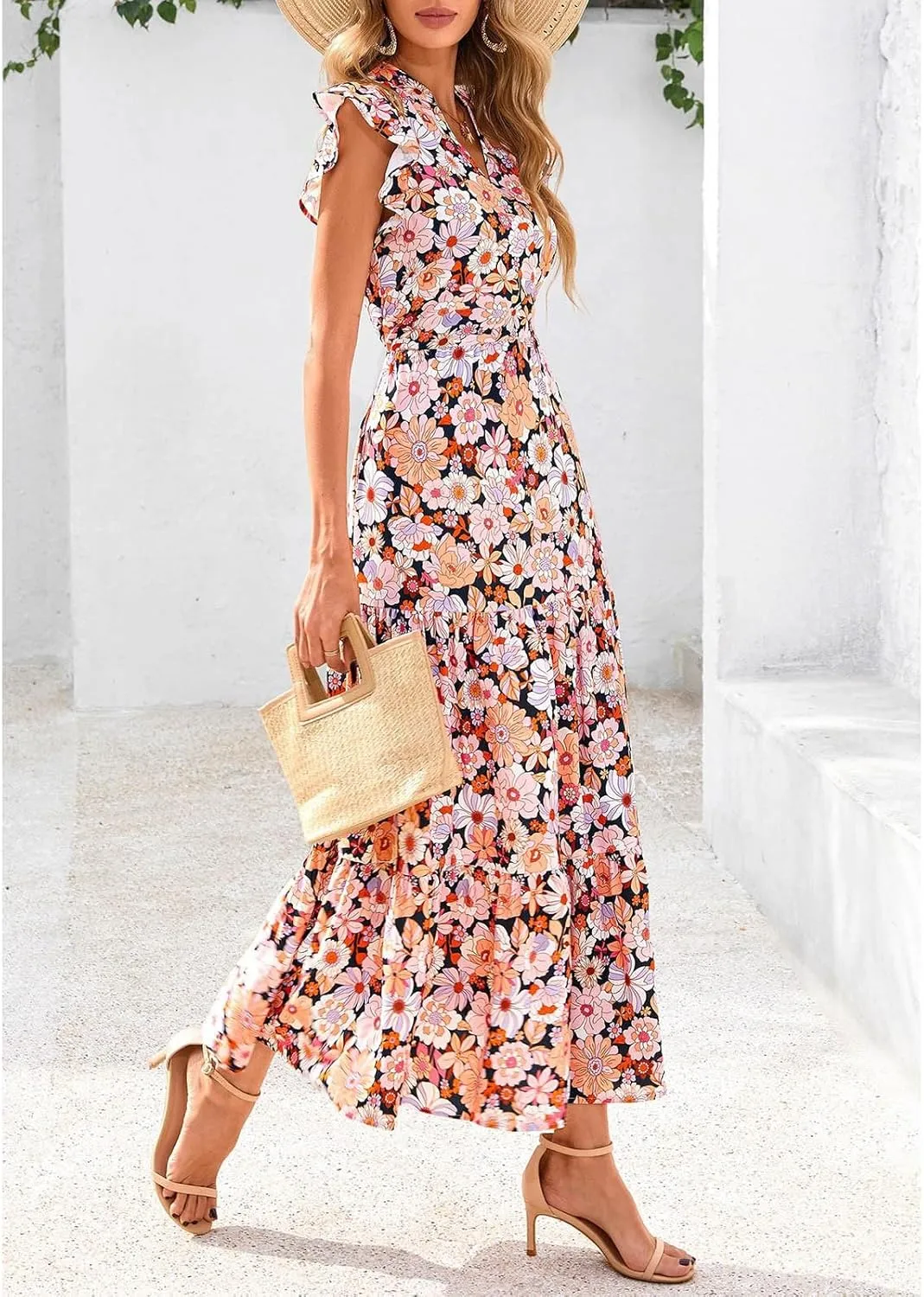 Summer Dresses for Women 2025 Cap Sleeve V Neck Ruffle Hem Swing Flowy Floral Maxi Dress Casual Beach Vacation Dresses