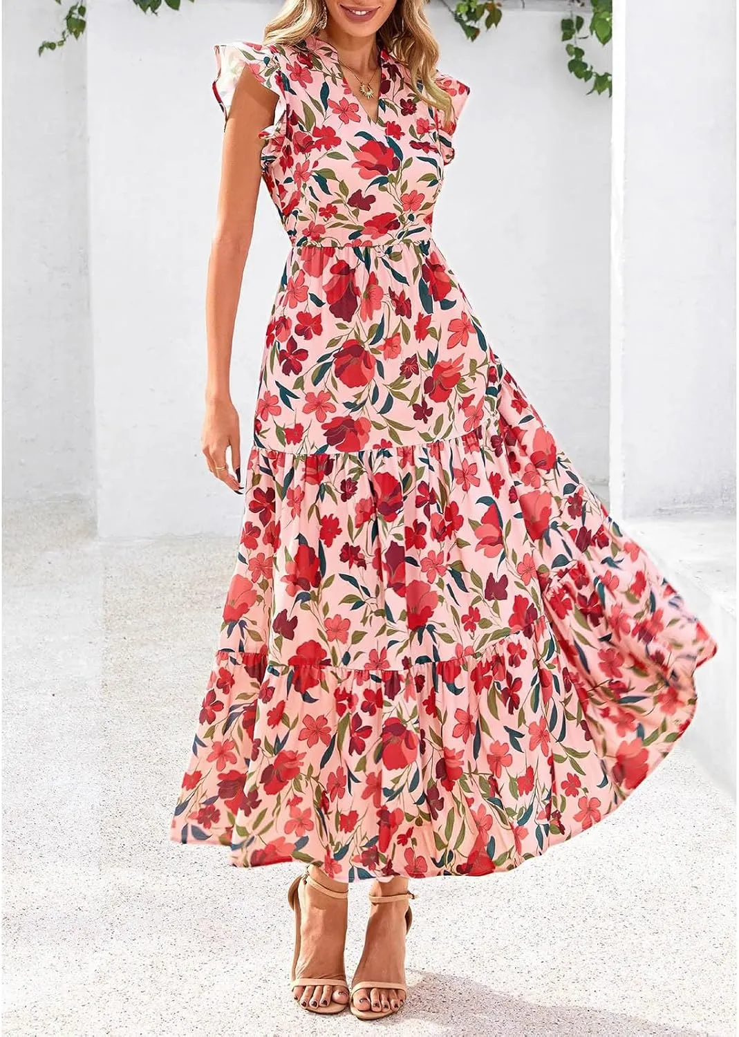 Summer Dresses for Women 2025 Cap Sleeve V Neck Ruffle Hem Swing Flowy Floral Maxi Dress Casual Beach Vacation Dresses