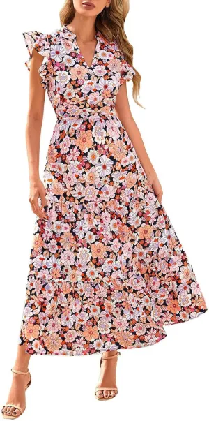 Summer Dresses for Women 2025 Cap Sleeve V Neck Ruffle Hem Swing Flowy Floral Maxi Dress Casual Beach Vacation Dresses