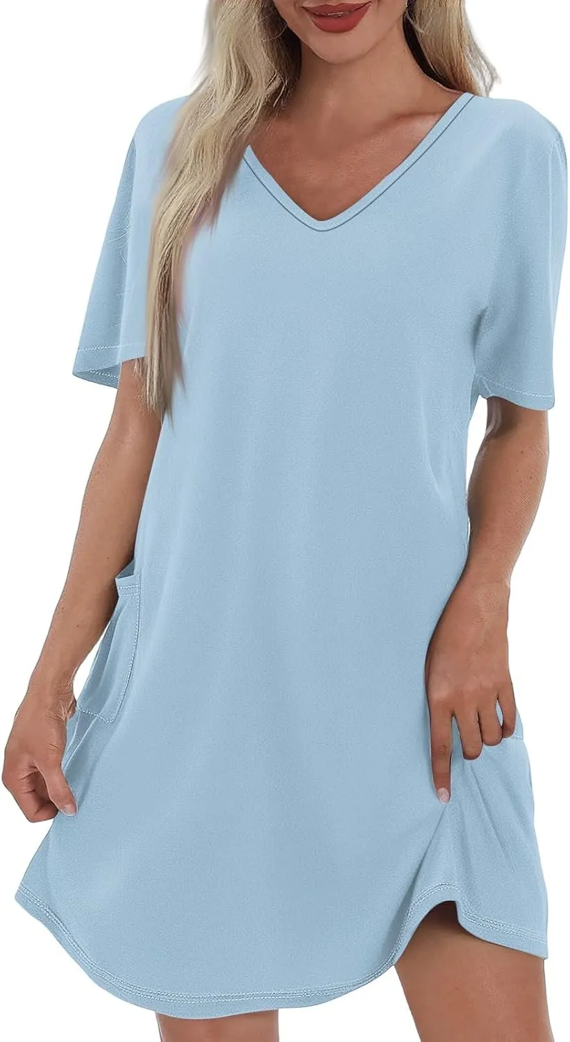 Summer Dresses for Women 2025 Casual Loose V Neck Short Sleeve T Shirt Dress Sundresses Beach Cover Up with Pockets