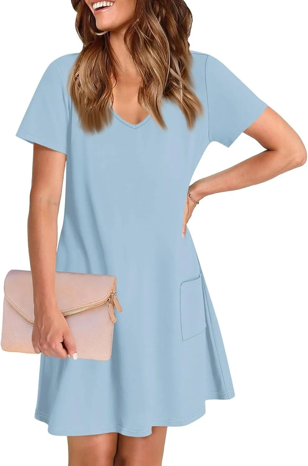 Summer Dresses for Women 2025 Casual Loose V Neck Short Sleeve T Shirt Dress Sundresses Beach Cover Up with Pockets