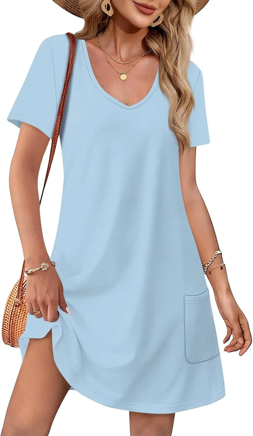Summer Dresses for Women 2025 Casual Loose V Neck Short Sleeve T Shirt Dress Sundresses Beach Cover Up with Pockets