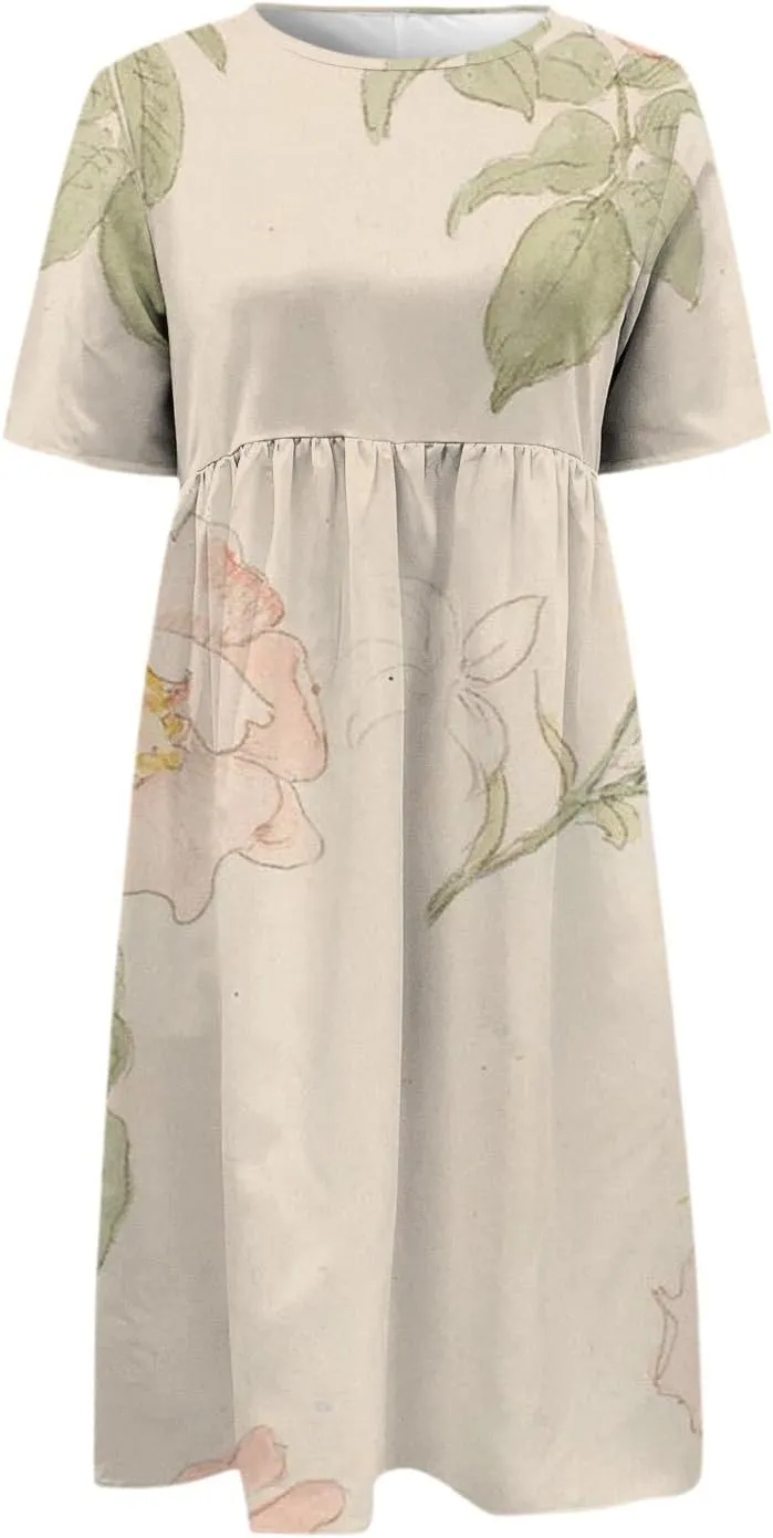 Summer Dresses for Women 2025 Casual Plus Size Floral Maxi Dress Short Sleeve Flowy Pleated Boho Beach Sundresses