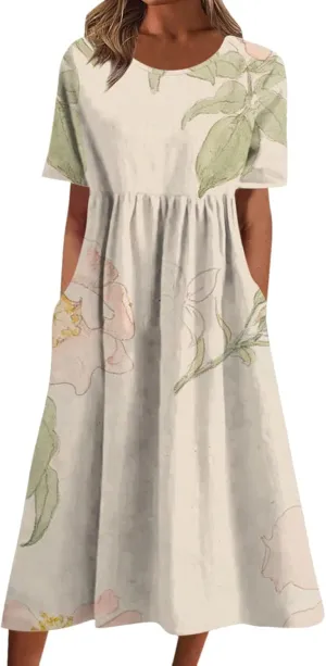 Summer Dresses for Women 2025 Casual Plus Size Floral Maxi Dress Short Sleeve Flowy Pleated Boho Beach Sundresses