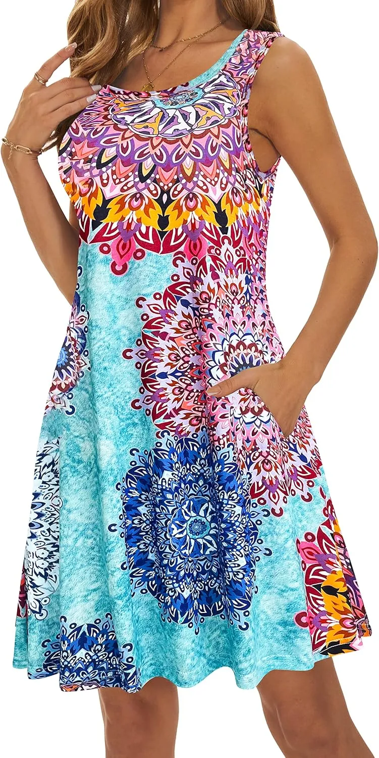Summer Dresses for Women 2025 Casual Sundresses Beach Cover Ups Sleeveless Tshirt Swing Dress with Pockets