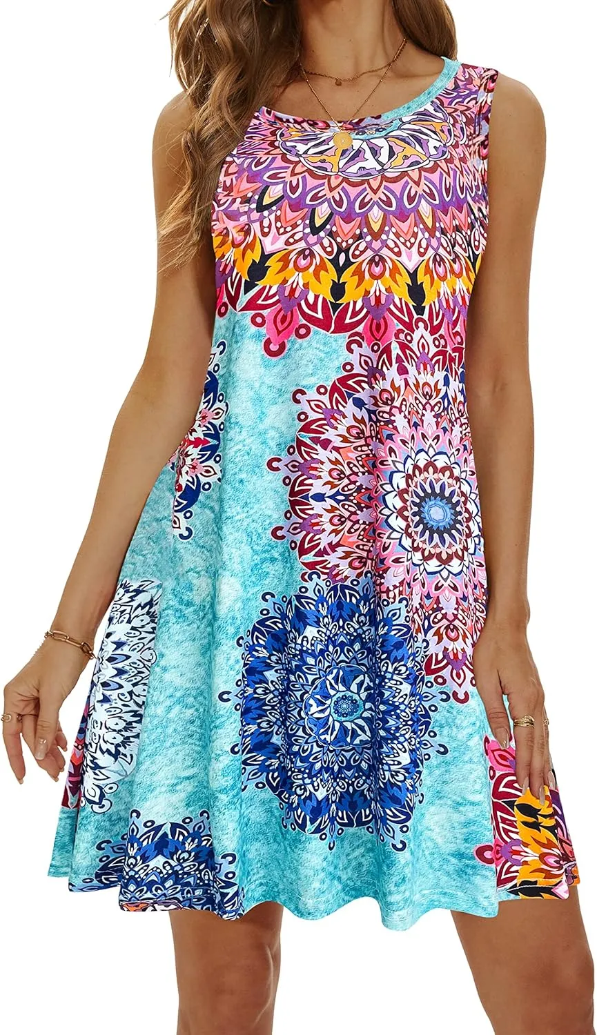 Summer Dresses for Women 2025 Casual Sundresses Beach Cover Ups Sleeveless Tshirt Swing Dress with Pockets