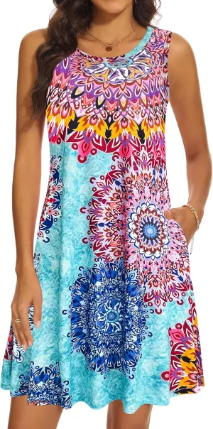 Summer Dresses for Women 2025 Casual Sundresses Beach Cover Ups Sleeveless Tshirt Swing Dress with Pockets