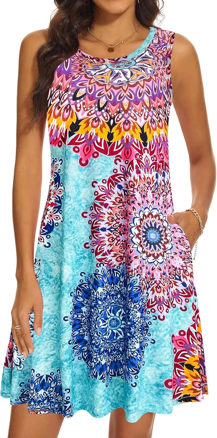Summer Dresses for Women 2025 Casual Sundresses Beach Cover Ups Sleeveless Tshirt Swing Dress with Pockets