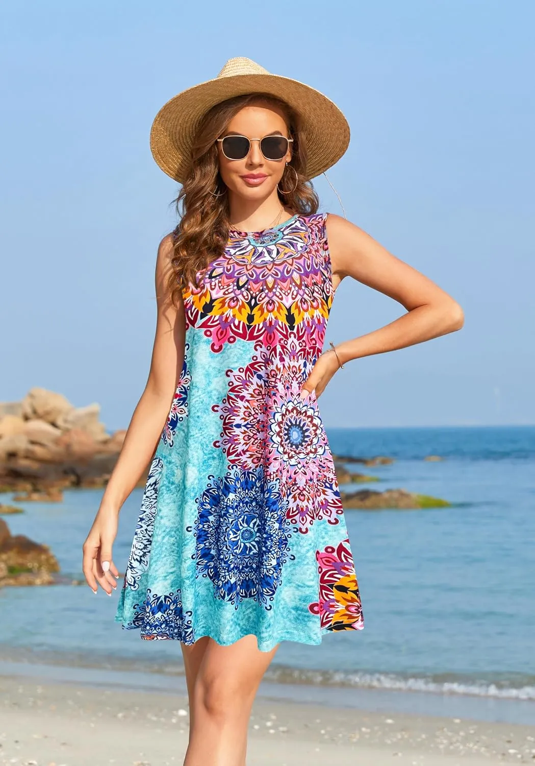 Summer Dresses for Women 2025 Casual Sundresses Beach Cover Ups Sleeveless Tshirt Swing Dress with Pockets