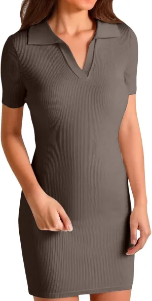 Summer Dresses for Women 2025 Collared Wrap Short Dresses Ribbed Short Sleeve V Neck Sun Dress Business Casual Dress