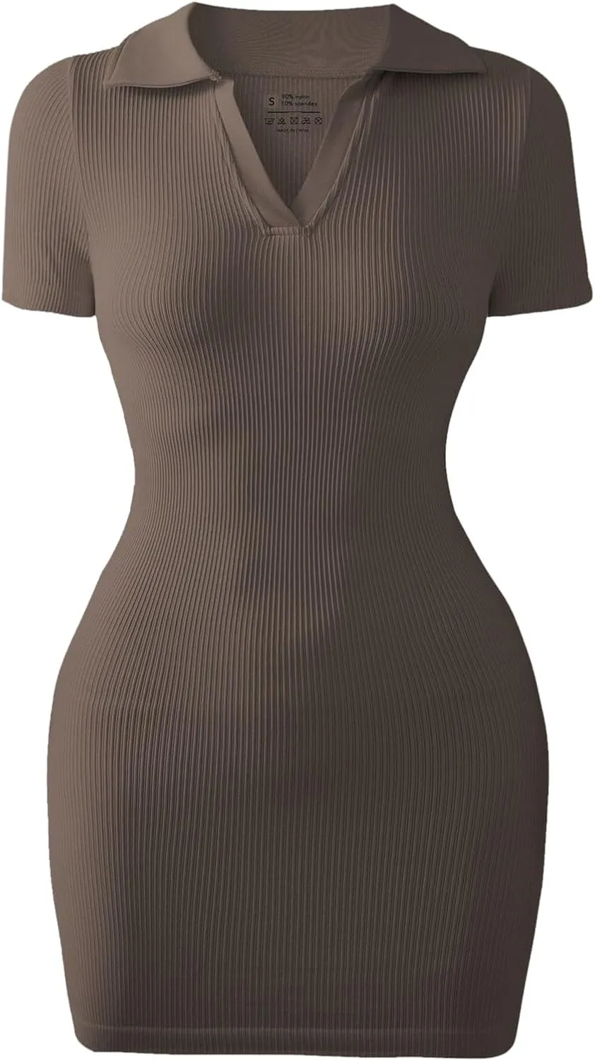 Summer Dresses for Women 2025 Collared Wrap Short Dresses Ribbed Short Sleeve V Neck Sun Dress Business Casual Dress