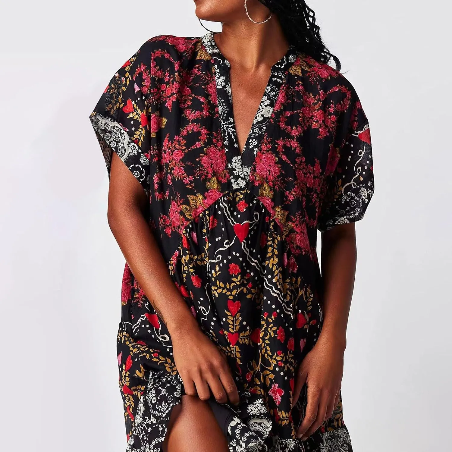 Summer Dresses for Women 2025 Deep V Neck Casual Boho Midi Dress Flowy Ruffle Hem Baggy Beach Vacation Sundresses