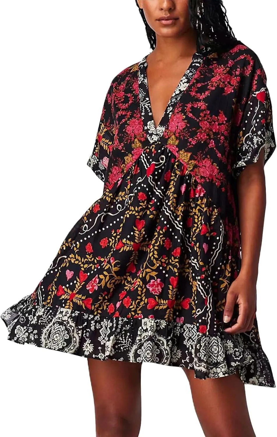 Summer Dresses for Women 2025 Deep V Neck Casual Boho Midi Dress Flowy Ruffle Hem Baggy Beach Vacation Sundresses