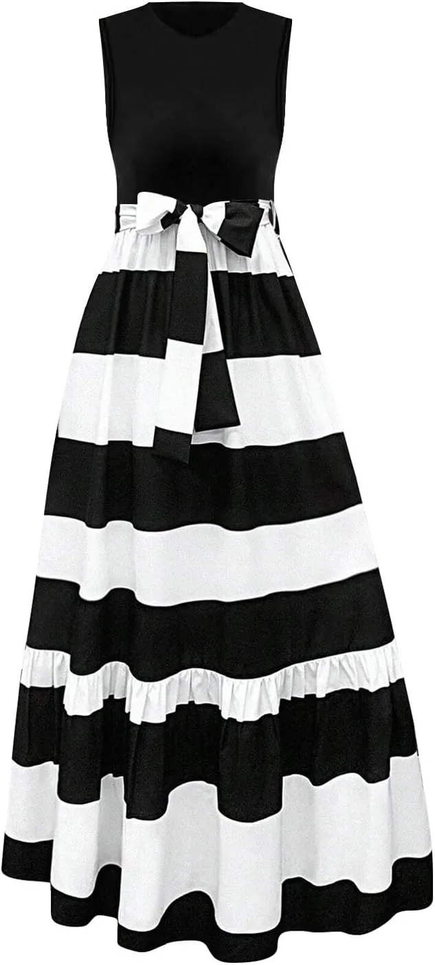 Summer Dresses for Women 2025 Elegant Classy Floral Boho Long Maxi Dress Empire Waist Flowy Swing Sundress with Belt